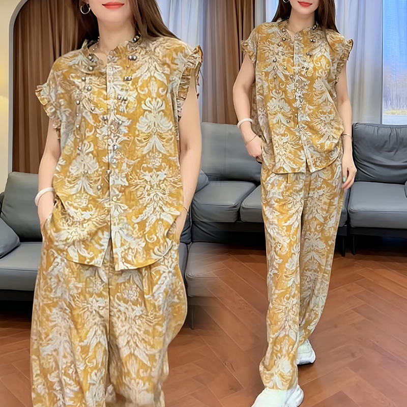 RY8074# 高端时尚气质套装女2026夏季新款印花开衫衬衫阔腿裤两件套