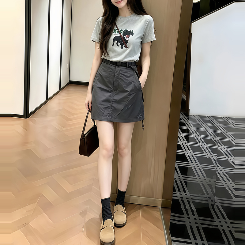 RY7638# 夏季新款气质套装女卡通短袖上衣工装半身短裙两件套