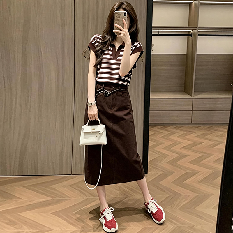 RY8090# 高级时尚套装女2026夏季新款百搭条纹上衣减龄半身裙两件套