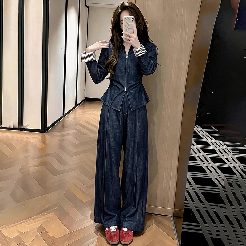 BY33931# 复古时尚休闲套装女秋季新款拉链衬衫高腰直筒裤两件套