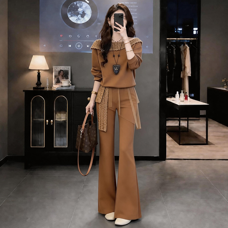 BY356056# 时尚减龄休闲套装女早秋新款独特拼接上衣微喇裤两件套 服裝批發女裝批發服飾貨源