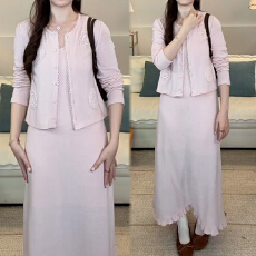 批发官图  小众设计感套装女2026秋季新款独特开衫纯色连衣<b class='q'>长裙</b>两件套