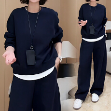 批发官图  2026秋季新款百搭通勤套装女纯色圆领长袖卫衣阔腿裤三件套