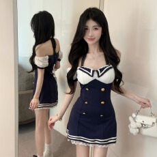批发甜美学院风水手服拼接撞色挂脖连衣<b class='q'>裙</b>新款收腰显瘦花边辣妹<b class='q'>裙</b>