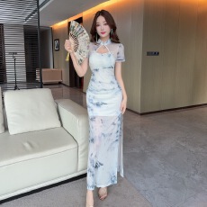 批发复古国风性感网纱改良旗袍<b class='q'>印花</b>短袖<b class='q'>连衣裙</b>女减龄修身包臀礼服长裙