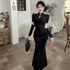 批发优雅名媛复古金丝绒改良<b class='q'>旗袍</b>裙性感气质包臀鱼尾袖套<b class='q'>连衣裙</b>配袖套