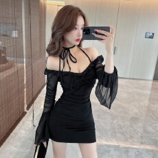 性感露肩一字领网纱拼接高弹棉质紧身显瘦喇叭袖吊带包臀连衣裙