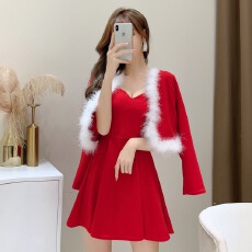 批发性感主播服装夜店毛毛领吊带裙洋气两件套外套配裙子+抹胸<b class='q'>连衣裙</b>