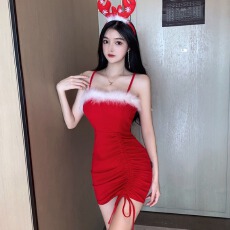 批发圣诞<b class='q'>礼服</b>毛毛抽绳包臀抹胸型吊带连衣裙
