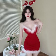 批发圣诞<b class='q'>礼服</b>毛毛抽绳包臀抹胸型吊带连衣裙