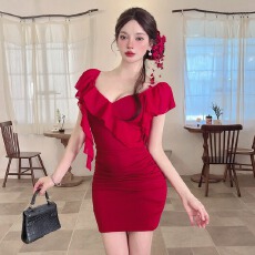 批发实拍低胸荷叶边<b class='q'>短袖</b>包臀打底<b class='q'>连衣裙</b>