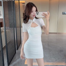 批发旗袍立领镂空<b class='q'>连衣裙</b>柔式足浴工服性感<b class='q'>网纱</b>袖包臀裙夜场上班衣服