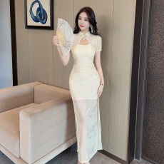 批发国风复古气质修身盘扣镂空旗袍礼服<b class='q'>裙</b>新中式修身开叉立领连衣<b class='q'>裙</b>女