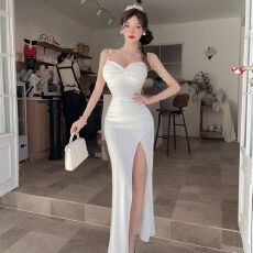 批发纯欲性感露背高开衩吊带长<b class='q'>裙</b><b class='q'>高级</b>感气质褶皱修身包臀礼服连衣<b class='q'>裙</b>女