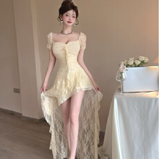 批发法式蕾丝v领短袖连衣裙女不规则裙子白色绝美收腰中长裙