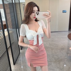 批发实拍性感短袖棉质撞色<b class='q'>包臀</b>短款打底连衣裙