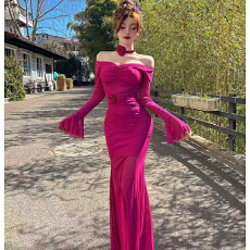 法式性感名媛风细闪喇叭袖连衣裙花朵设计感高腰显瘦礼服鱼尾长裙