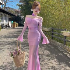 批发法式<b class='q'>性感</b>名媛风细闪喇叭袖连衣裙花朵设计感高腰显瘦<b class='q'>礼服</b>鱼尾长裙