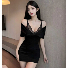 批发<b class='q'>夜店</b>纯欲风辣妹性感蕾丝拼接V领连衣<b class='q'>裙</b>女黑色露肩修身显瘦包臀<b class='q'>裙</b>