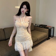 批发夜店性感低胸抹胸挂脖吊带荷叶边<b class='q'>连衣裙</b>上夜班减龄纯欲包臀短裙女