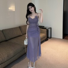 批发御姐气质纯欲风花朵网纱拼接吊带连衣裙性感优雅收腰包臀开叉长裙