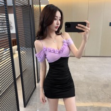 批发撞色性感连衣裙吊带气质低胸spa足疗女技师<b class='q'>酒店</b>夜总店柔式<b class='q'>工作服</b>