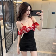 批发印花吊带连衣裙新款<b class='q'>夜店</b>女装低胸露背技师工作服显瘦修身包臀短裙