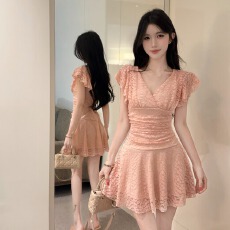 批发蕾丝V领显瘦连衣裙新款<b class='q'>夜店</b>女装名媛气质低胸短裙酒吧会所工作服