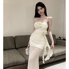 批发立体花朵修身吊带<b class='q'>裙</b>带胸垫新款<b class='q'>夜店</b>女装性感小礼服低胸露背长<b class='q'>裙</b>子