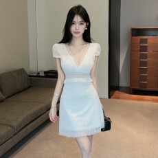 批发法式V领网纱连衣裙收腰显瘦<b class='q'>性感</b>女装低胸露背<b class='q'>夜店</b>短裙新款技师服