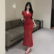 批发网纱抽绳长款短袖打底<b class='q'>连衣裙</b>