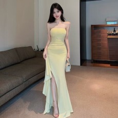 批发时尚性感无袖荷叶边开叉裹胸抹胸<b class='q'>礼服</b>裙法式气质露背显瘦连衣裙女