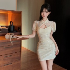 批发夜总会足疗店工作服技师柔式按摩spa性感镂空网纱短袖旗袍<b class='q'>连衣裙</b>