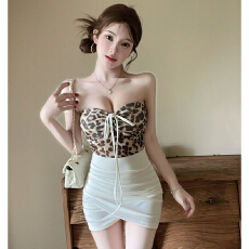 批发纯欲性感豹纹拼接<b class='q'>抹胸</b>连衣裙女夏不规则气质辣妹收腰包臀裙小个子