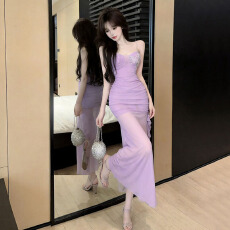 批发温柔风法式性感绣花吊带<b class='q'>连衣裙</b><b class='q'>高腰</b>露背开叉修身显瘦网纱背心长裙