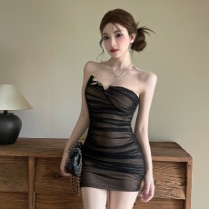 批发辣妹小心机<b class='q'>网纱</b>低胸连衣裙性感高腰露背气质紧身弹力显瘦背心短裙