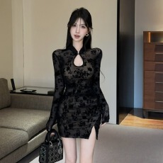 批发实拍秋装新款弹力<b class='q'>改良</b><b class='q'>旗袍</b>短款长袖包臀打底连衣裙