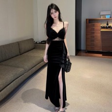 批发辣妹低胸<b class='q'>性感</b>吊带露肩<b class='q'>夜店</b>黑色丝绒连衣裙紧身短裙柔式SPA工作服