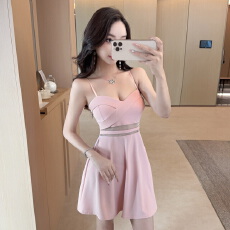 批发性感<b class='q'>吊带</b>网纱拼接透视连衣裙女高腰显瘦夜场低胸A字裙工作服短裙