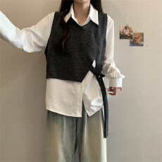 批发实拍~ 2025秋季新款设计感长袖衬衫针织两件套女胖mm显瘦上衣