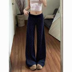 批发韩版藏青色波点垂感休闲裤女2026<b class='q'>夏</b>季新款显瘦低腰百搭运动微喇叭