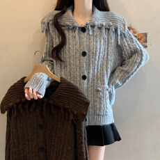批发实拍学院风海军领飘带毛衣<b class='q'>开衫</b>女秋季新款慵懒风休闲软糯针织外套