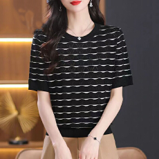 批发夏季新款大码<b class='q'>女装</b>桑蚕丝短袖T恤中年洋气妈妈镂空冰丝针织衫上衣