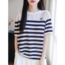 批发冰丝短袖T恤女26年夏季新款减龄条纹显瘦气质<b class='q'>大码</b>针织T恤百搭上衣