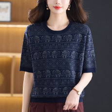 批发春夏大码针织衫短袖t恤毛衣女2026新款<b class='q'>妈妈</b>宽松洋气遮肚打底上衣