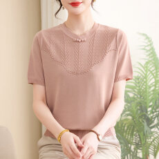批发2026新款妈妈夏装短袖<b class='q'>T</b><b class='q'>恤</b>小衫50岁中老年女国风冰丝针织上衣套装