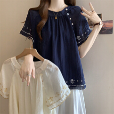 批发实拍~大码胖MM2026新款法式重工刺绣衬衫女遮肚显瘦娃娃衫上衣