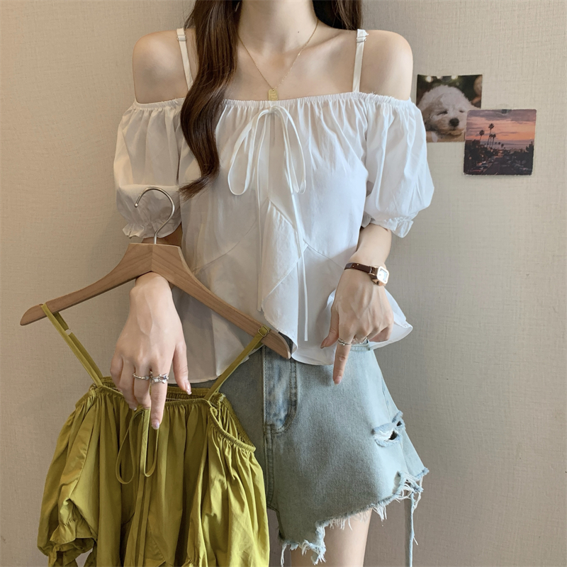 MY8994# 胖MM新款设计感一字肩吊带荷叶边遮肚显瘦上衣女裝貨源服裝批發