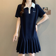 批发实拍~胖MM2026年夏季学院风撞色百褶下摆<b class='q'>连衣裙</b>女宽松显瘦Polo裙