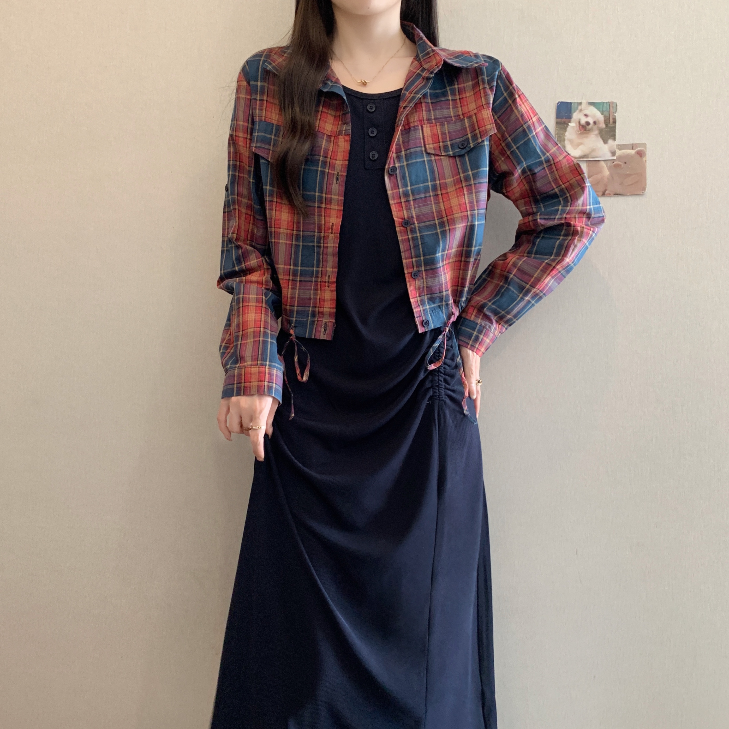 大码胖MM开叉连衣裙女秋季遮肉...